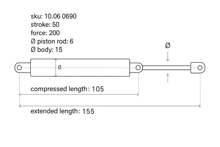 Gasdrukveer-6-15-155-105-50-200 Gasdrukveer-6-15-155-105-50-200